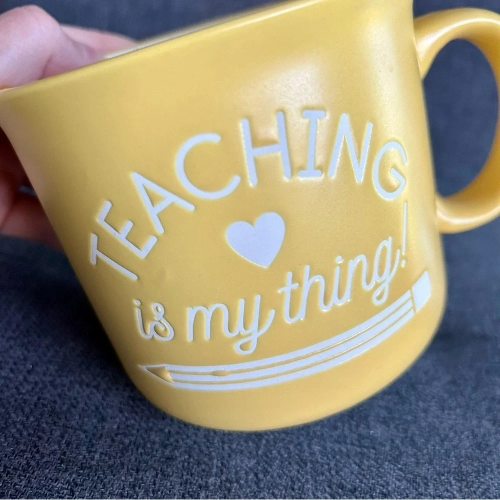 “Teaching is my Thing” Colorful Pencil Lined Coffee Mug, Yellow, White, 20 oz